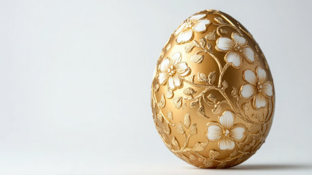 This elegant gold egg features a stunning floral pattern, perfect for festive decor or artistic showcases. It embodies luxury and creativity, ideal for celebrations.の素材