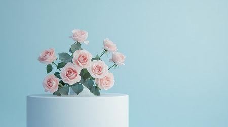 A stunning arrangement of soft pink roses displayed on a round pedestal against a calming blue background, perfect for adding elegance and beauty.の素材