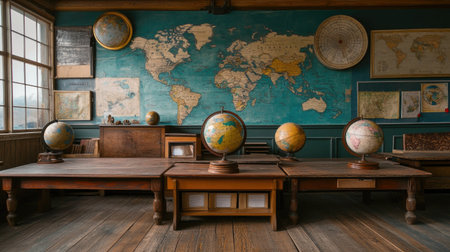 A vintage classroom scene featuring multiple globes and world maps adorning the walls, creating an inviting and educational atmosphere perfect for learning about geography and exploration.の素材