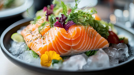 A beautifully arranged fresh salmon fillet rests on ice, embellished with colorful salad and herbs, highlighting a healthy and gourmet dining experience.の素材