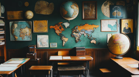 A charming vintage classroom scene featuring a variety of world maps and globes on green walls, ideal for educational and inspirational themes.の素材