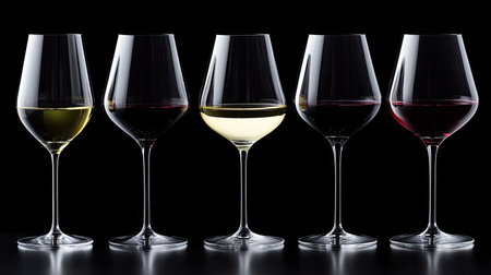 A captivating arrangement of wine glasses showcasing red and white varieties. Ideal for themes around dining, luxury, and celebration, this image captures elegance and sophistication.の素材