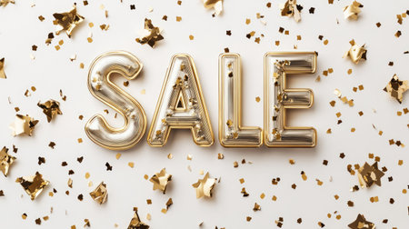 Features shiny gold SALE letters surrounded by sparkling confetti and stars on a white background, perfect for promotions, advertisements, and celebrations.の素材