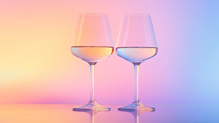 Two elegant wine glasses stand side by side on a reflective surface, set against a vibrant and colorful abstract background, perfect for celebrations.の素材