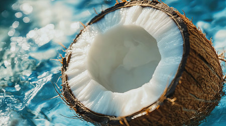 A fresh coconut cut open reveals its creamy white interior surrounded by sparkling blue water, embodying a tropical paradise with natural beauty and vibrant freshness.の素材