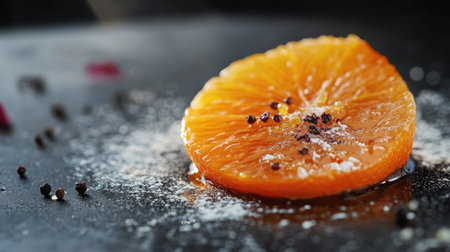 A stunning close-up of a fresh orange slice sprinkled with salt and pepper, highlighting its vibrant color and textures, perfect for culinary use.の素材