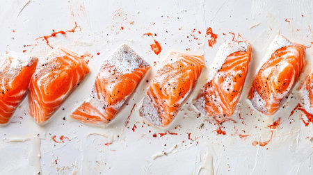 Freshly sliced salmon fillets presented on a white surface with seasoning sprinkled around. Perfect for culinary creations, sushi, or gourmet dishes.の素材