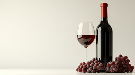 An elegant setup featuring a red wine bottle and glass beside fresh grapes, capturing the essence of sophistication and relaxation perfect for any gathering.の素材