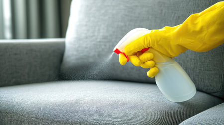 A person in yellow gloves sprays a cleaning solution on a couch. The scene highlights the importance of maintaining hygiene and cleanliness in home furniture.の素材