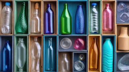 A vibrant display of assorted glass and plastic bottles showcasing various shapes, colors, and textures. Ideal for eco-friendly and design themes.の素材