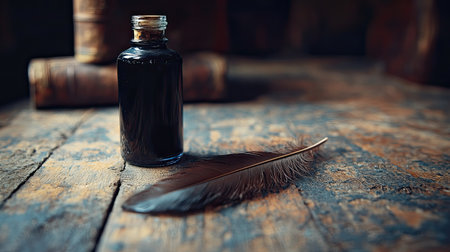 A vintage ink bottle sits next to a quill feather on a rustic wooden surface, evoking a sense of history and creativity, perfect for artistic projects.の素材