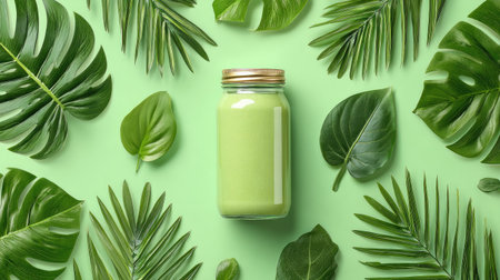 A refreshing green smoothie in a glass jar is beautifully surrounded by lush tropical leaves, capturing the essence of health, vitality, and natural beauty.の素材