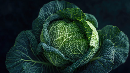 This image showcases a fresh cabbage head with intricate leaf patterns, highlighting its vibrant green color and natural texture, perfect for culinary uses.の素材
