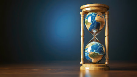 This image features an hourglass with Earth models inside, symbolizing time and environmental changes. It reflects the importance of preserving our planet.の素材