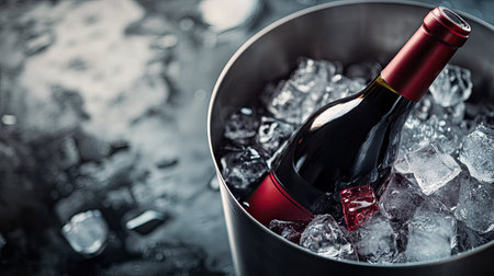 A stunning close-up of a red wine bottle nestled in a bucket of ice, ideal for capturing the essence of luxury and celebration during gatherings over chilled beverages.の素材