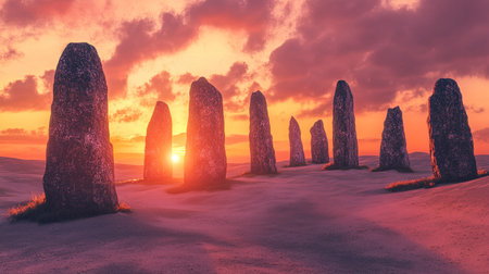 A breathtaking view of an ancient stone circle at sunset, highlighting vibrant colors in the sky. The tranquil landscape invites exploration and reflection.の素材
