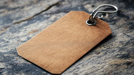 A blank wooden tag rests on a rustic wood surface, ideal for labeling items or crafting projects. Perfect for creative designs and personalized gifts.の素材