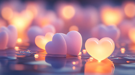 A serene composition featuring soft glowing hearts surrounded by warm lights, creating an enchanting atmosphere perfect for expressing love and romance.の素材