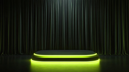 A sleek stage design featuring a minimalist podium illuminated by green light, set against flowing black curtains, perfect for performances or showcases.の素材