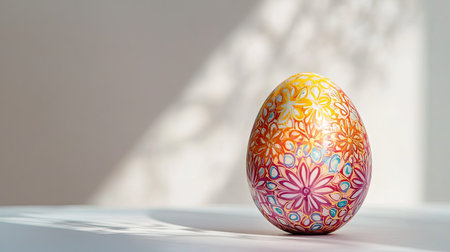 A vibrant hand-painted egg showcases intricate floral designs under soft light. This charming decoration embodies creativity and seasonal joy, perfect for spring celebrations.の素材