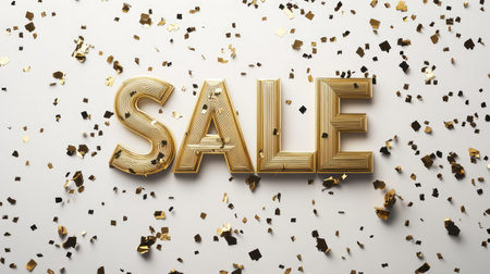 Stunning golden sale text set against a backdrop of vibrant confetti. Perfect for promotional materials, advertisements, and celebration themes.の素材