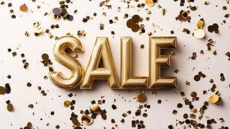 A striking golden sale sign surrounded by vibrant confetti and glitter. Perfect for promotional campaigns, advertisements, and festive events to attract attention.の素材
