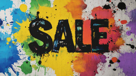 A dynamic and vibrant background featuring bold "SALE" text surrounded by colorful paint splashes. Ideal for marketing and promotional materials.の素材