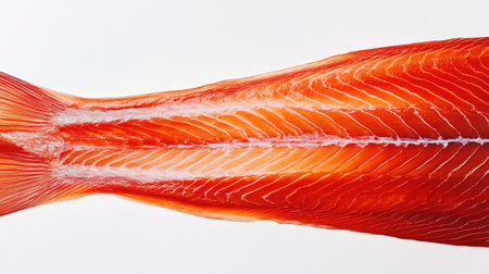 This image showcases a close-up view of a vibrant red salmon fillet on a clean white surface, highlighting its fresh, appetizing texture and color. Ideal for culinary and nutrition-related projects.の素材