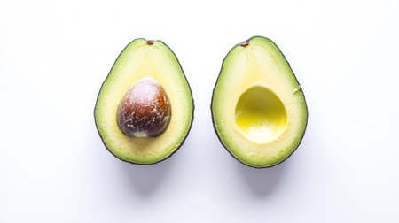 Two fresh avocado halves on a white background showcase the vibrant green flesh and seed. Perfect for healthy eating and culinary use, this image captures the essence of nutritious lifestyles.の素材
