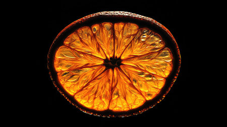 A captivating illuminated orange slice showcases intricate textures and a vibrant color against a black background, perfect for food and nature themes.の素材