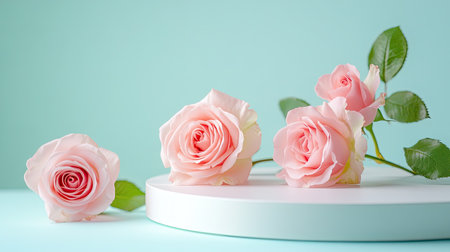 Soft pink roses elegantly arranged on a round surface against a light blue background. Ideal for themes of beauty, romance, and nature. Perfect for various decorative purposes.の素材