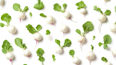 A visually appealing arrangement of fresh organic radishes with green leaves on a clean white background. Perfect for food photography, recipes, and healthy living.の素材