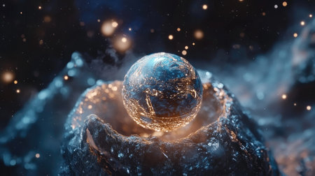 A mesmerizing cosmic orb floats above a mystical landscape, illuminated by twinkling stars and shimmering lights, evoking a sense of wonder and exploration in deep space.の素材