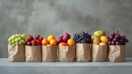 A vibrant display of assorted fresh fruits in eco-friendly paper bags against a neutral background, perfect for healthy eating and nutrition concepts.の素材