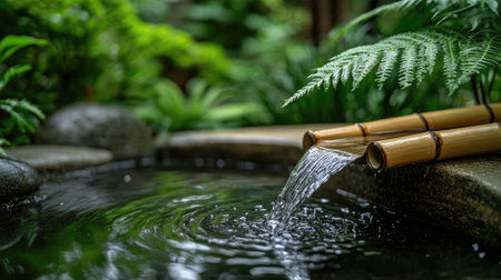 A serene bamboo water fountain gently trickles into a tranquil pond surrounded by lush greenery, creating a peaceful oasis perfect for relaxation and meditation.の素材