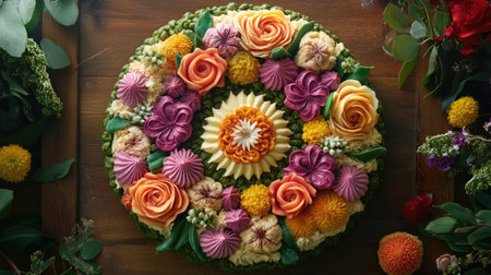 An exquisite floral cake adorned with vibrant buttercream flowers, perfect for celebrations. Its stunning design captivates with intricate details and colors.の素材