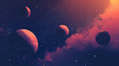 A vibrant cosmic scene featuring multiple planets against a rich starry background. This stunning digital illustration embodies the beauty and mystery of the universe.の素材