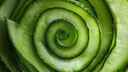 Stunning close-up of spiral cucumber slices showcasing their vibrant green color and unique texture, perfect for healthy food photography and culinary artistry.の素材