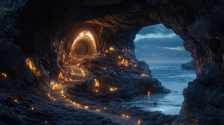 Discover a stunning cave pathway illuminated by glowing lights, leading to a serene seaside view. A magical escape into natureの素材