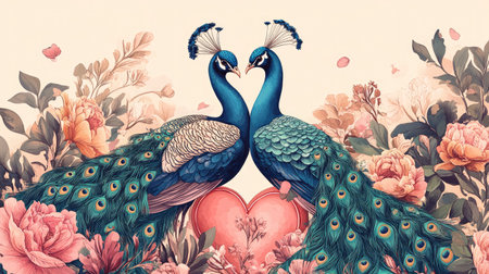 This artistic illustration features two stunning peacocks facing each other amidst a lush backdrop of vibrant flowers, creating a romantic and enchanting atmosphere.の素材