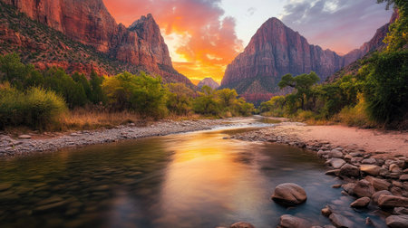 A breathtaking view of a river reflecting the vibrant colors of a sunset amidst towering mountains. Perfect for nature lovers and adventure enthusiasts.の素材