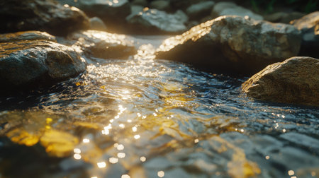 A peaceful stream flows over smooth rocks, reflecting sunlight with sparkling ripples. This serene outdoor scene captures the beauty of nature's tranquility and invites relaxation.の素材