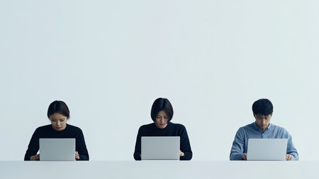Three individuals work diligently on laptops in a bright, minimalist workspace, highlighting focus, collaboration, and modern technology for professional settings.の素材
