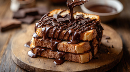 A mouthwatering display of baked bread slices drizzled with rich chocolate sauce, perfect for dessert or breakfast. Capture the essence of indulgence!の素材