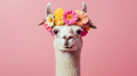 This delightful portrait features an alpaca adorned with a vibrant flower crown against a soft pink backdrop, capturing an aura of charm and whimsy.の素材