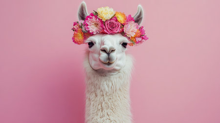 This charming portrait features an adorable alpaca wearing a colorful flower crown against a soft pink background, radiating joy and uniqueness.の素材