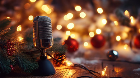 A captivating vintage microphone stands elegantly, surrounded by warm Christmas lights and ornaments. Perfect for holiday-themed music or events.の素材