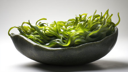 A vibrant bowl filled with fresh green seaweed showcases its unique texture and color. Perfect for culinary themes, healthy eating, and nature-inspired designs.の素材