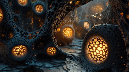 Explore a captivating cavern filled with intricate organic shapes and glowing spheres. The dark environment adds depth to this artistic visualization of texture and light.の素材