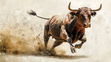 A dynamic image of a powerful brown bull running through a dusty landscape, capturing the essence of strength, agility, and wild nature in rural settings.の素材